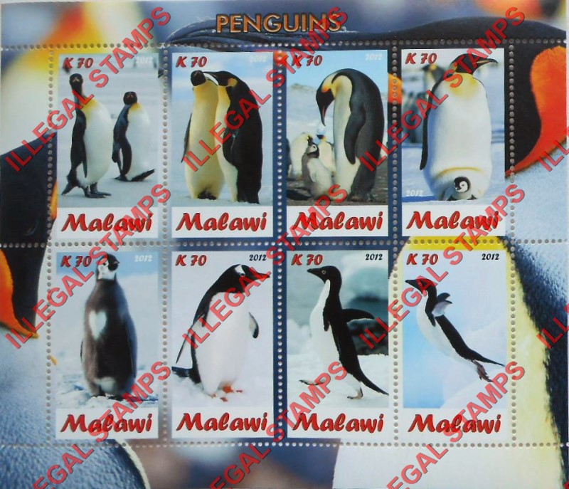 Malawi 2012 Penguins Illegal Stamp Souvenir Sheet of 8