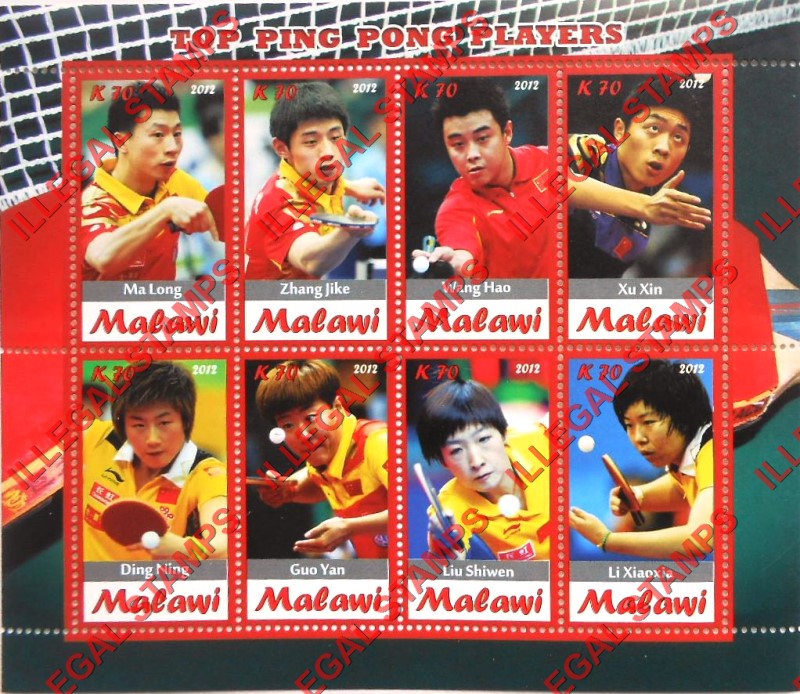 Malawi 2012 Top Ping-Pong Players Illegal Stamp Souvenir Sheet of 8
