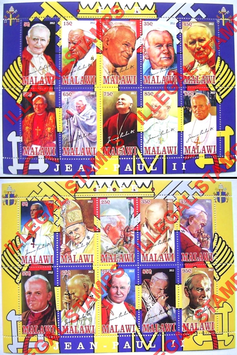 Malawi 2012 Pope John Paul II Illegal Stamp Sheetlets of 10