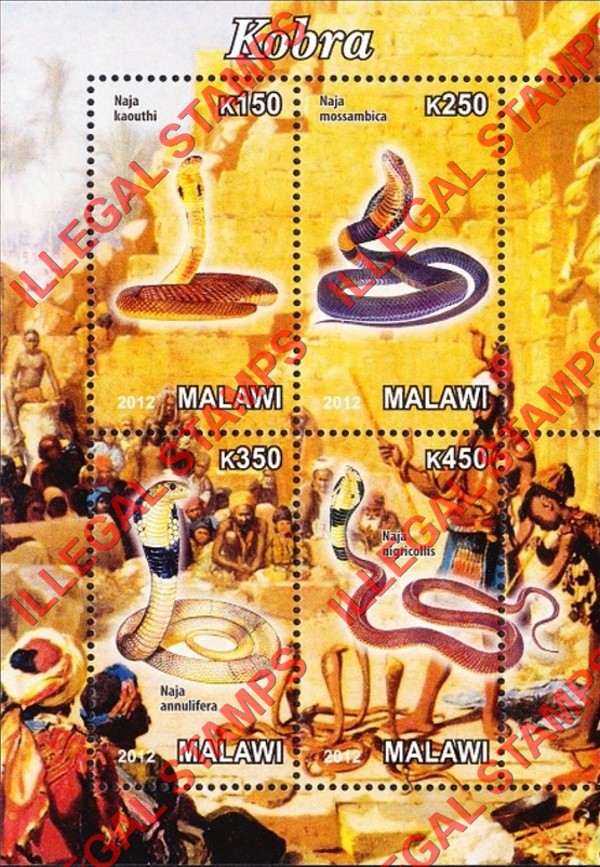 Malawi 2012 Snakes Cobra Illegal Stamp Souvenir Sheet of 4