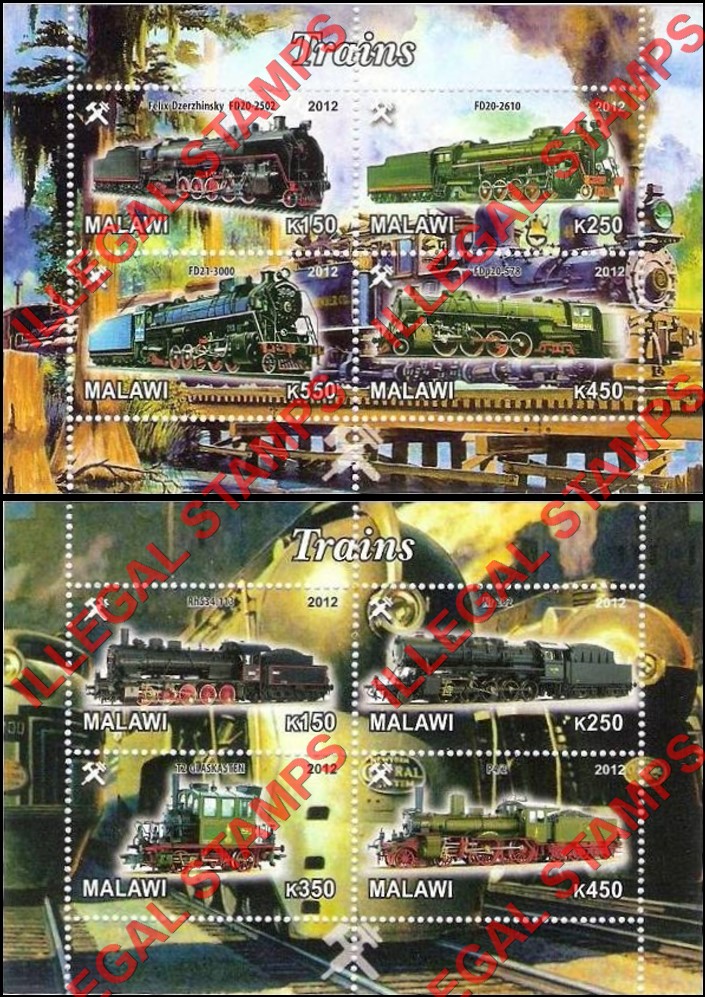 Malawi 2012 Trains Illegal Stamp Souvenir Sheets of 4 (Part 1)