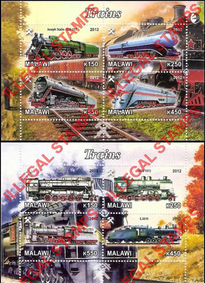Malawi 2012 Trains Illegal Stamp Souvenir Sheets of 4 (Part 2)