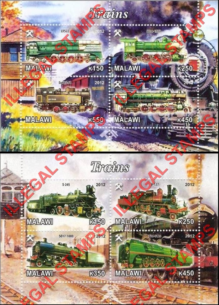Malawi 2012 Trains Illegal Stamp Souvenir Sheets of 4 (Part 4)