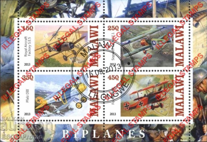 Malawi 2013 Airplanes Biplanes Illegal Stamp Souvenir Sheet of 4