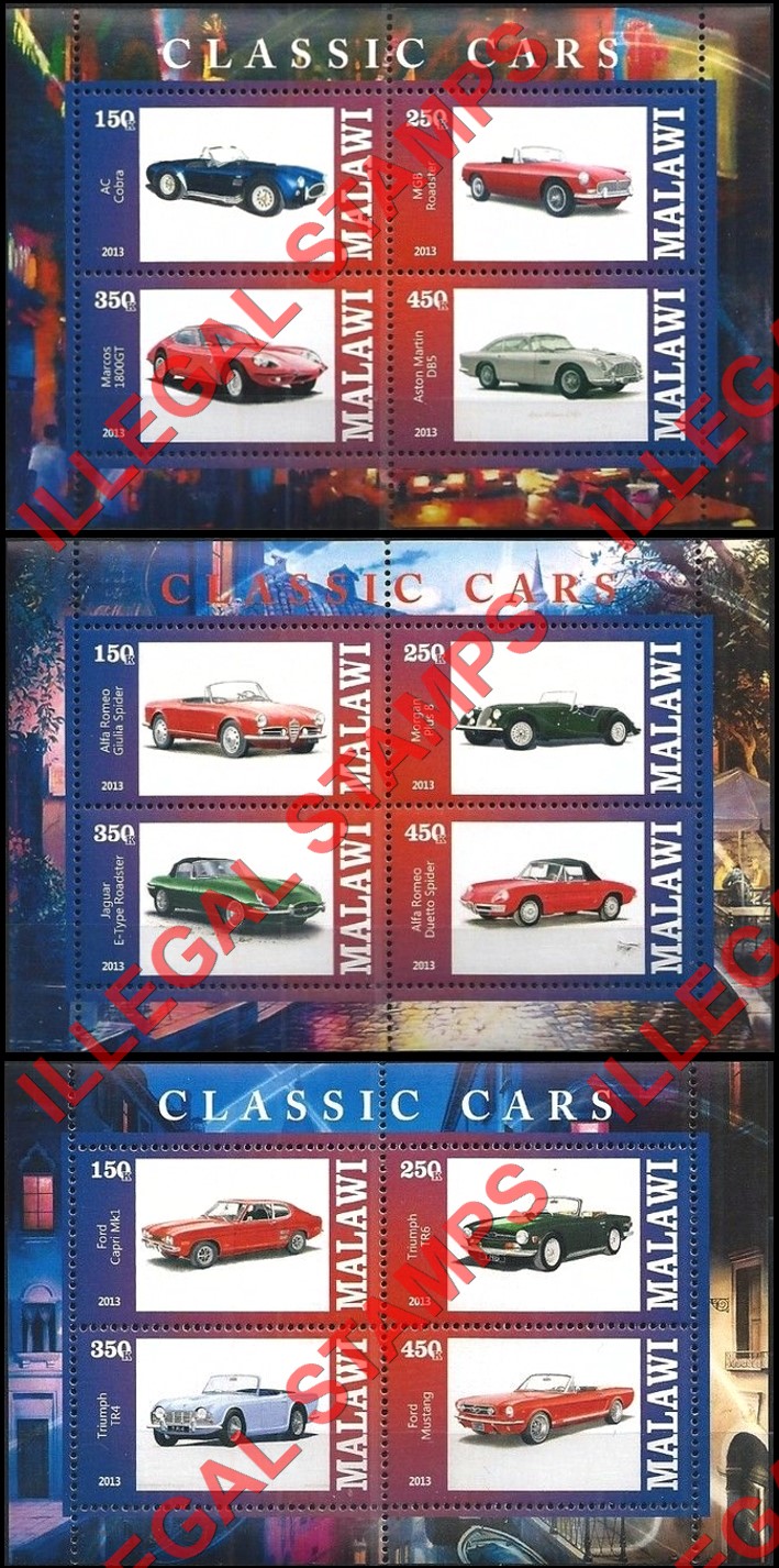 Malawi 2013 Cars Illegal Stamp Souvenir Sheets of 4