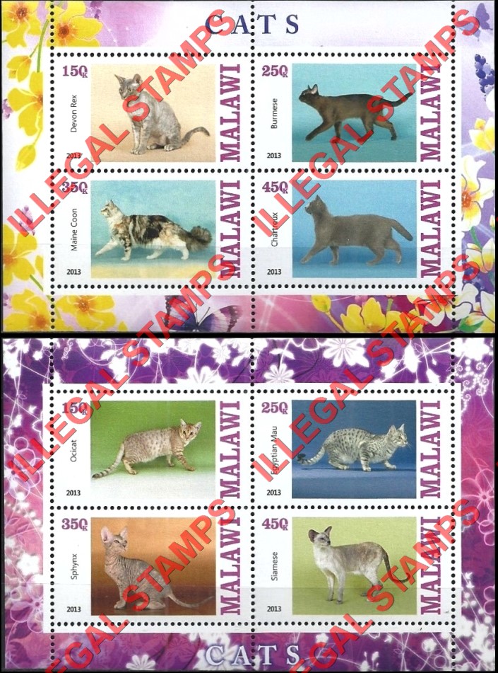 Malawi 2013 Cats Illegal Stamp Souvenir Sheets of 4