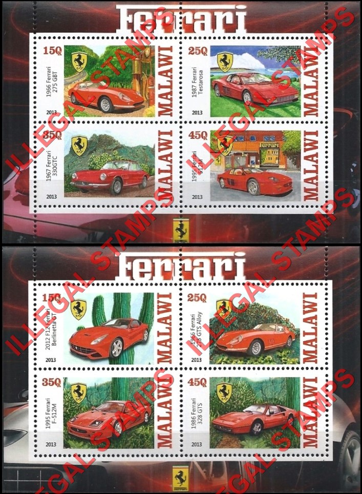 Malawi 2013 Ferrari Illegal Stamp Souvenir Sheets of 4