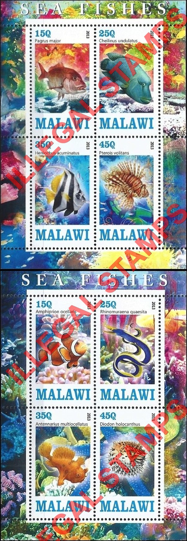 Malawi 2013 Fish Illegal Stamp Souvenir Sheets of 4