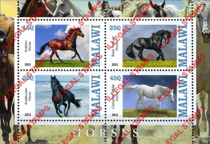 Malawi 2013 Horses Illegal Stamp Souvenir Sheet of 4