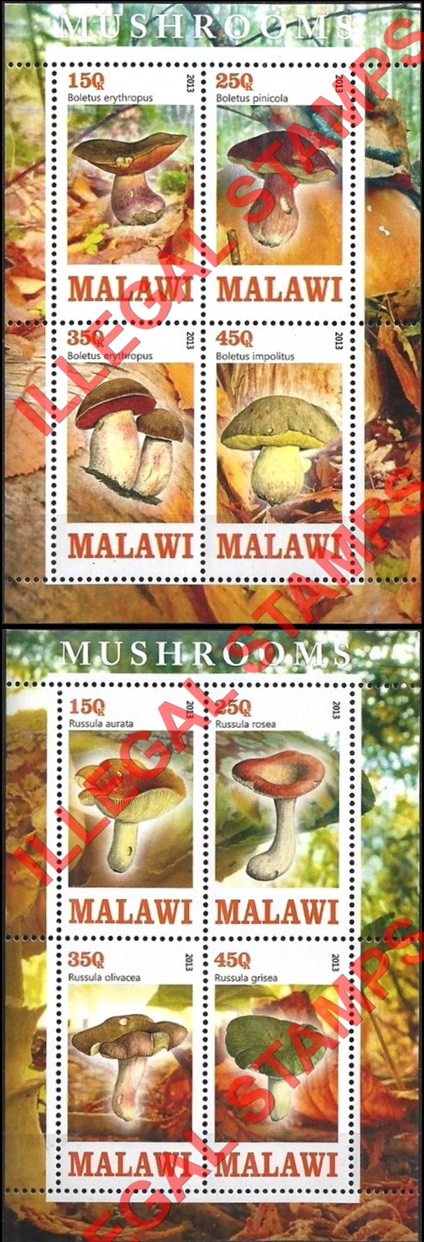 Malawi 2013 Mushrooms Illegal Stamp Souvenir Sheets of 4 (Part 1)