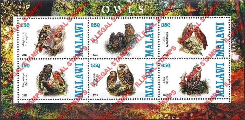 Malawi 2013 Owls Illegal Stamp Souvenir Sheet of 6