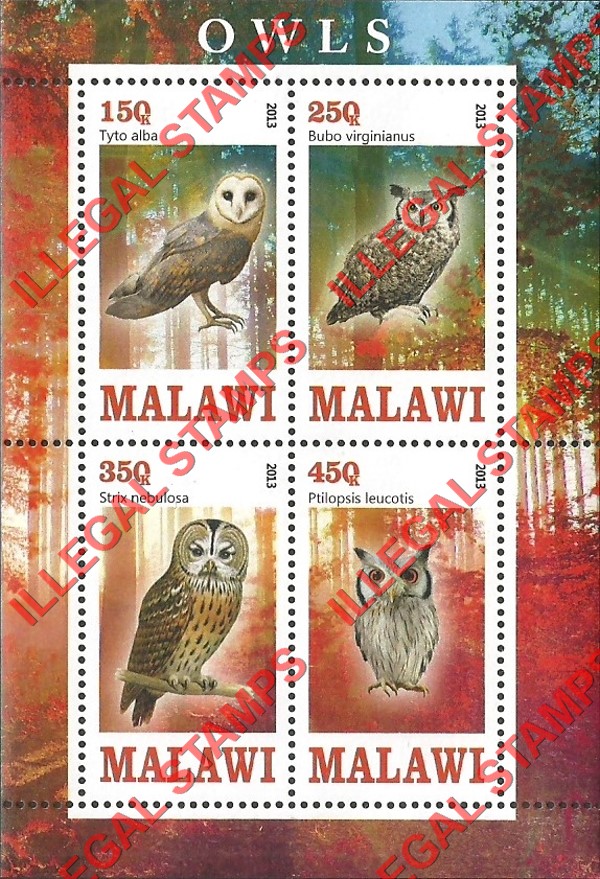 Malawi 2013 Owls Illegal Stamp Souvenir Sheet of 4