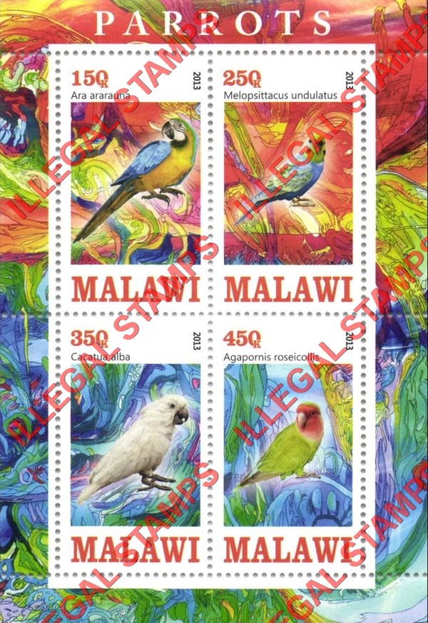 Malawi 2013 Parrots Illegal Stamp Souvenir Sheet of 4
