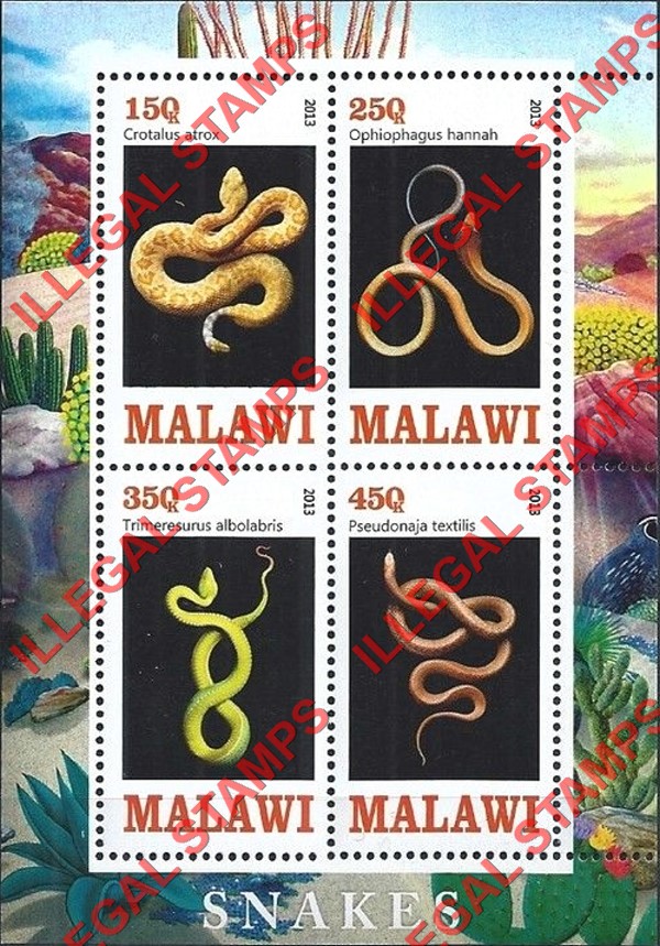 Malawi 2013 Snakes Illegal Stamp Souvenir Sheet of 4