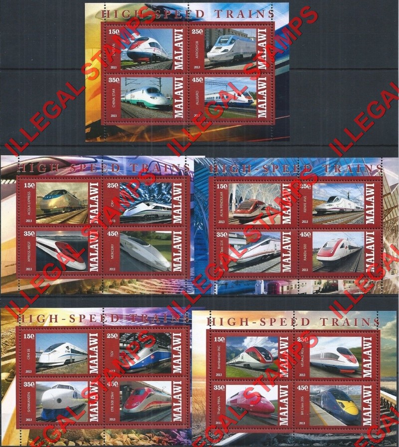 Malawi 2013 High Speed Trains Illegal Stamp Souvenir Sheets of 4