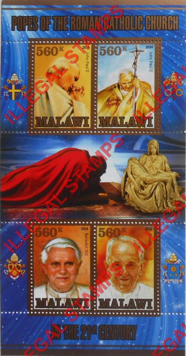 Malawi 2014 Popes of the Roman Catholic Church Illegal Stamp Souvenir Sheet of 4 with Gold Borders