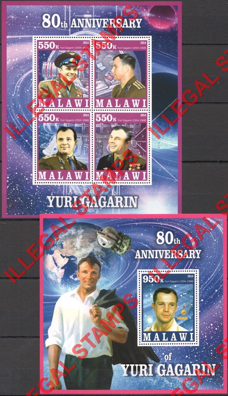 Malawi 2014 Space Yuri Gagarin Illegal Stamp Souvenir Sheets of 4 and 1