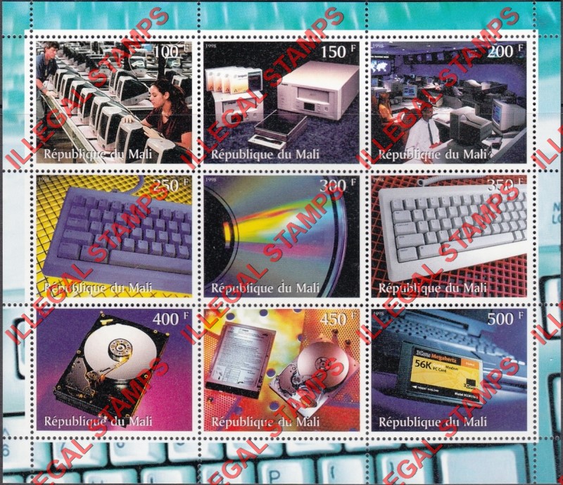 Mali 1998 Computers Illegal Stamp Sheet of 9