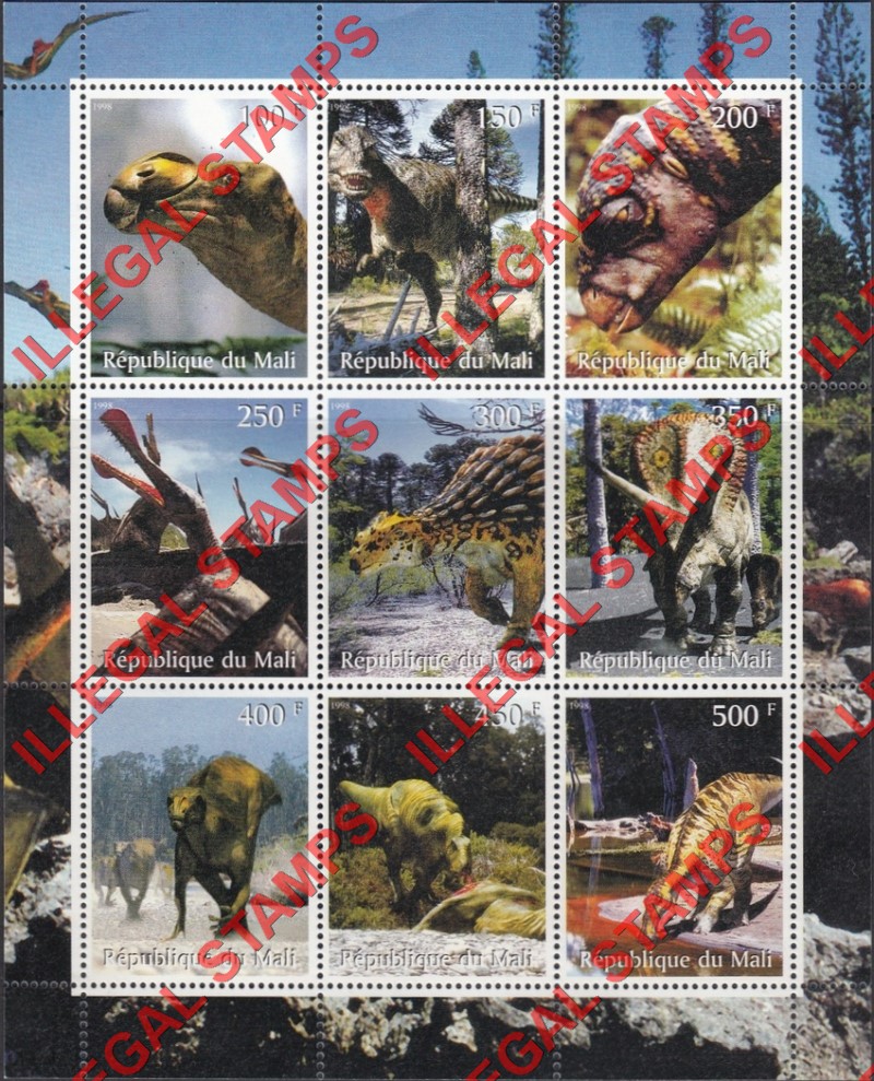Mali 1998 Prehistoric Animals Dinosaurs Illegal Stamp Sheet of 9