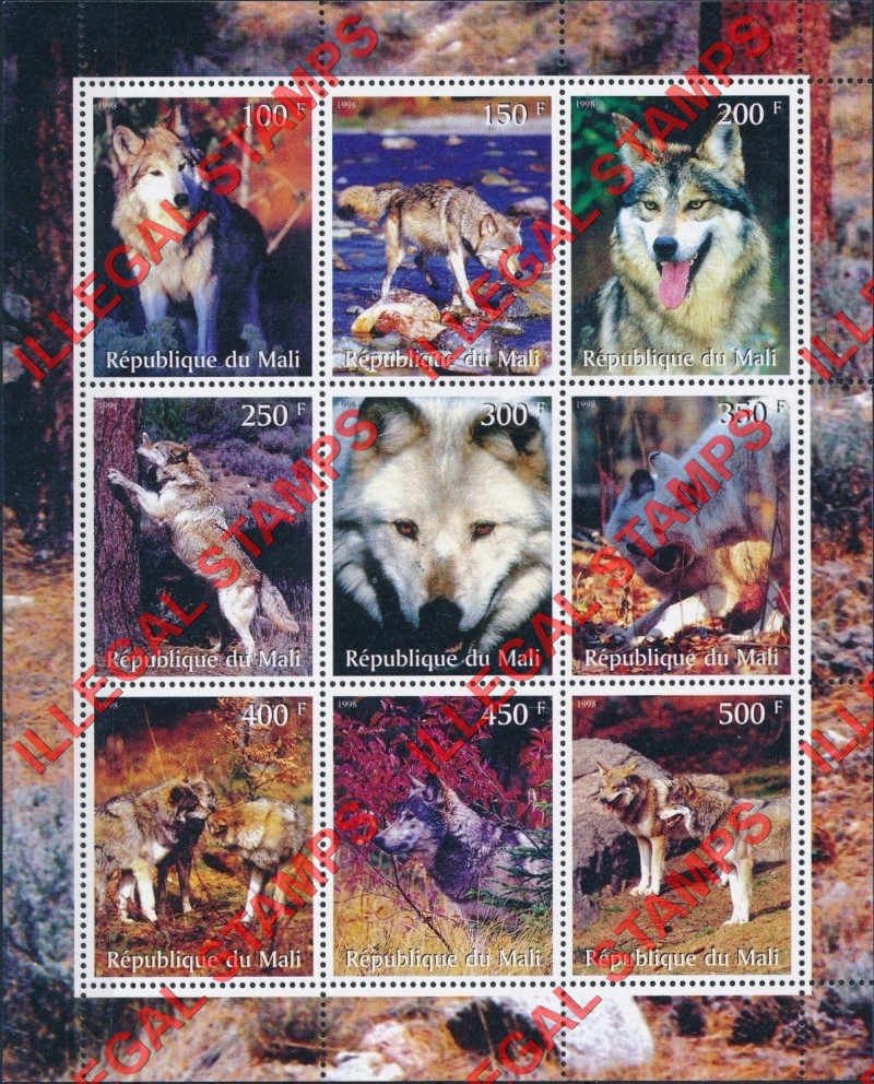 Mali 1998 Dogs Wolves Illegal Stamp Sheet of 9