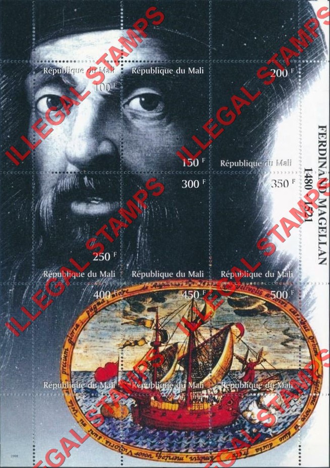 Mali 1998 Ferdinand Magellan Illegal Stamp Sheet of 9