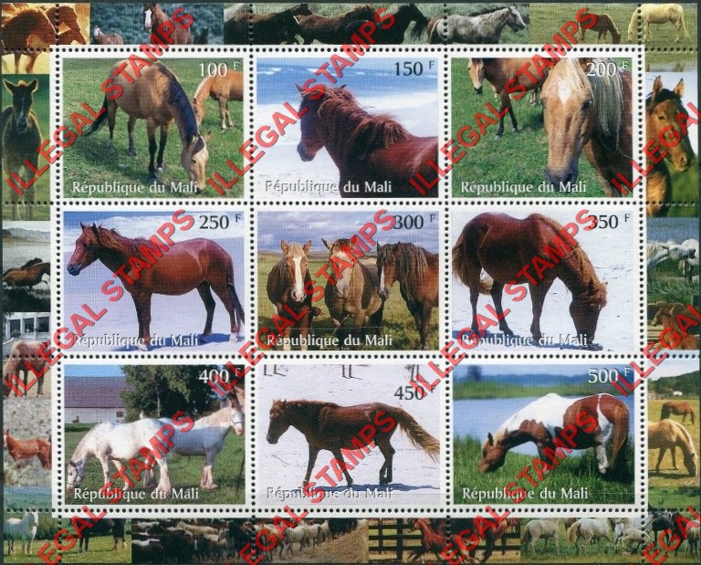 Mali 1998 Horses Illegal Stamp Sheet of 9