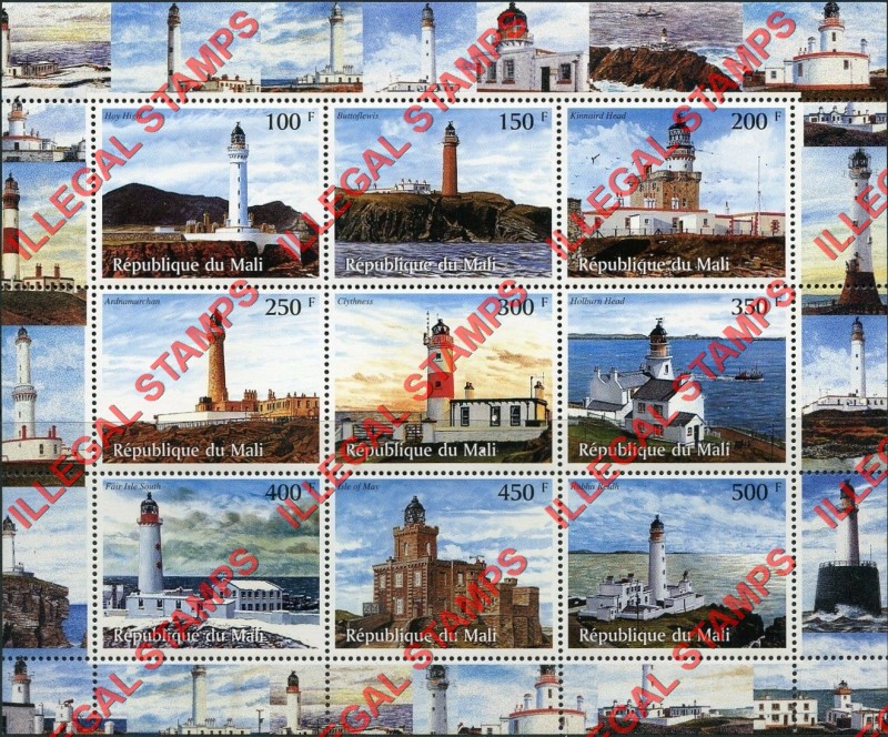 Mali 1998 Lighthouses Illegal Stamp Sheet of 9