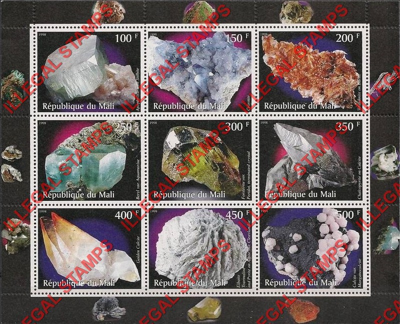 Mali 1998 Minerals Illegal Stamp Sheet of 9