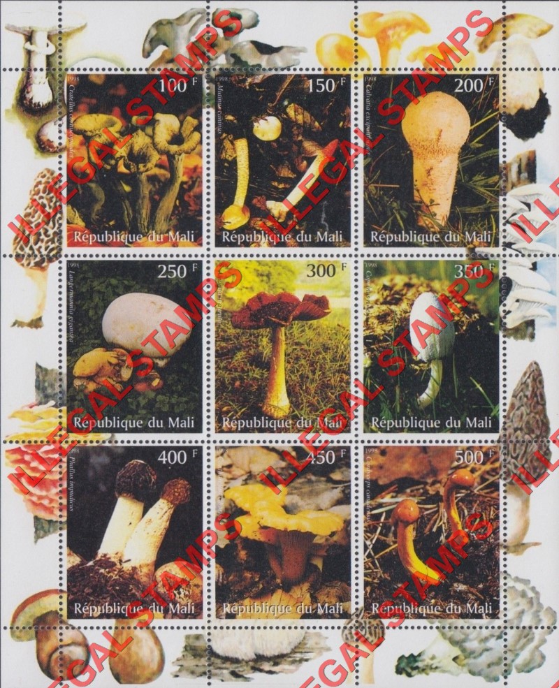 Mali 1998 Mushrooms Illegal Stamp Sheet of 9
