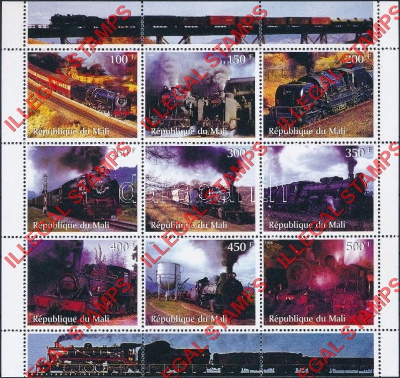 Mali 1998 Trains Illegal Stamp Sheet of 9