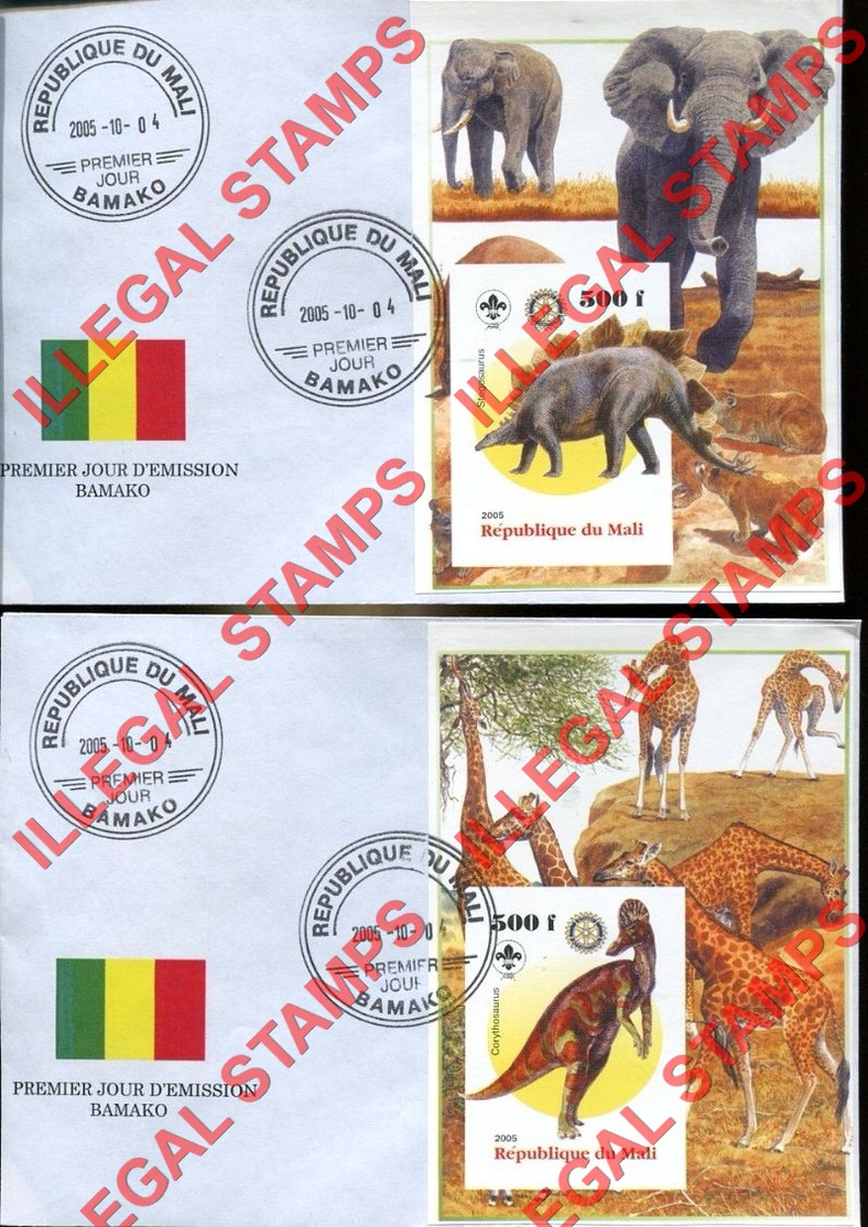 Mali 2005 Dinosaurs Illegal Stamp Souvenir Sheets of 1 on Fake First Day Covers