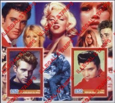 Mali 2005 Elvis Presley, James Dean and Marilyn Monroe Illegal Stamp Souvenir Sheet of 2