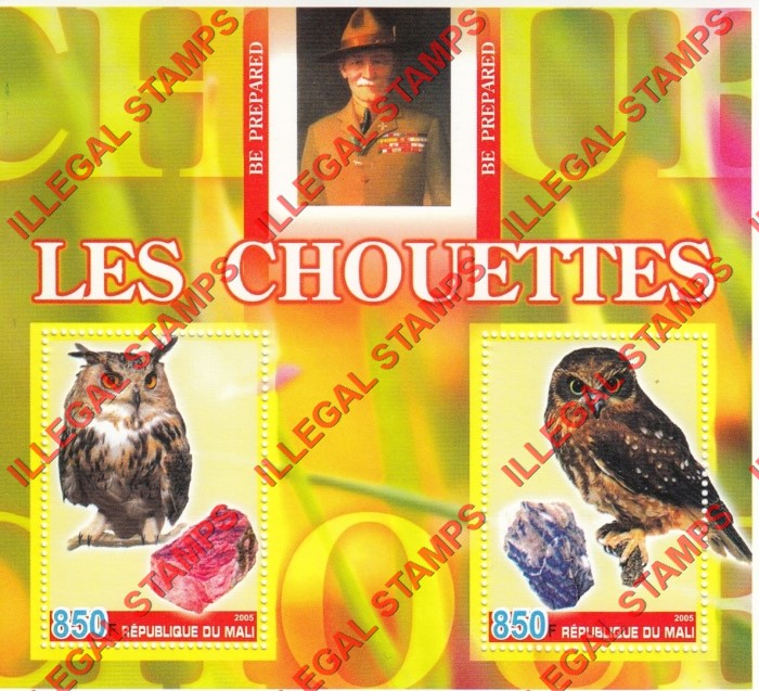 Mali 2005 Owls, Minerals and Baden Powell Illegal Stamp Souvenir Sheet of 2