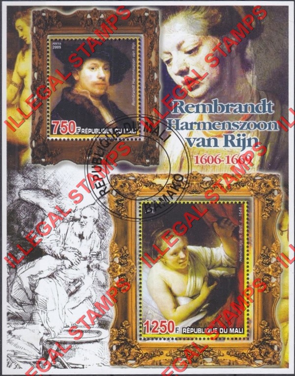 Mali 2005 Paintings Rembrandt Illegal Stamp Souvenir Sheet of 2
