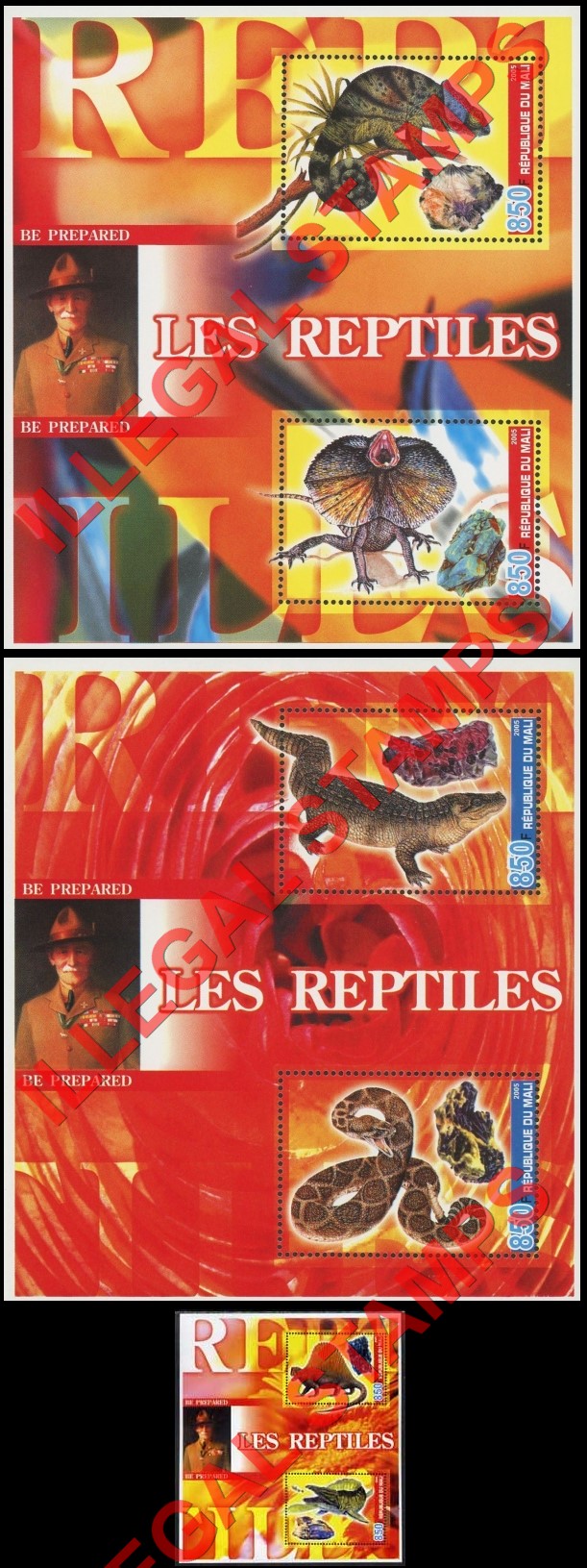 Mali 2005 Reptiles, Minerals and Baden Powell Illegal Stamp Souvenir Sheet of 2