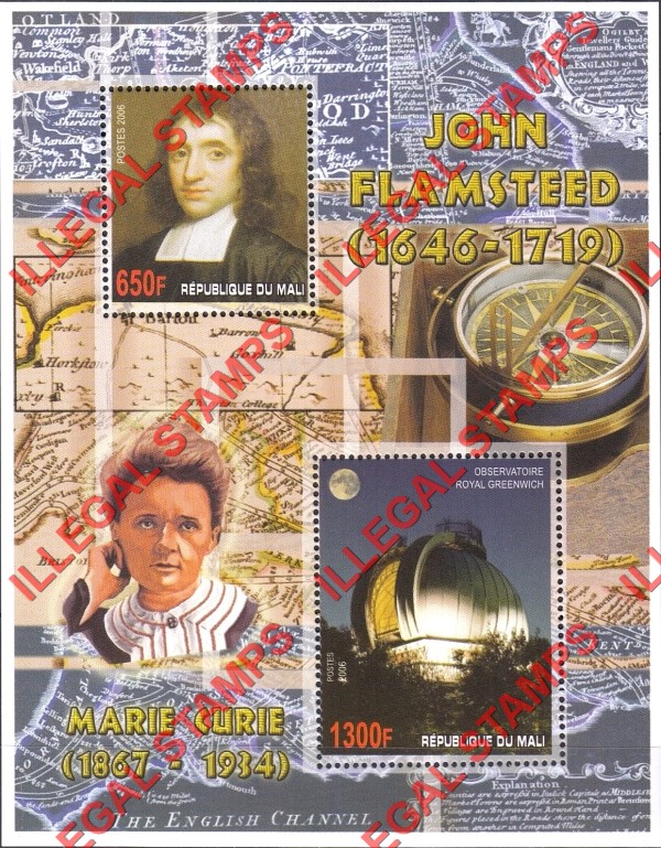 Mali 2006 Marie Curie and John Flamsteed Illegal Stamp Souvenir Sheet of 2