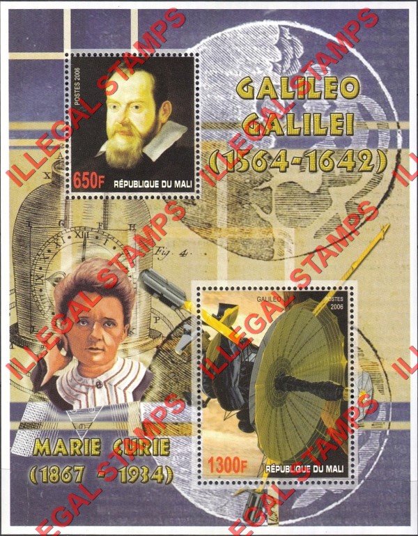 Mali 2006 Marie Curie and Galileo Galilei Illegal Stamp Souvenir Sheet of 2