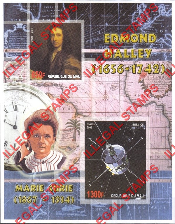 Mali 2006 Marie Curie and Edmond Halley Illegal Stamp Souvenir Sheet of 2