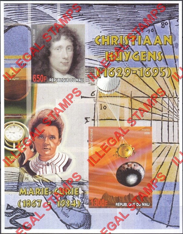 Mali 2006 Marie Curie and Christiaan Huygens Illegal Stamp Souvenir Sheet of 2