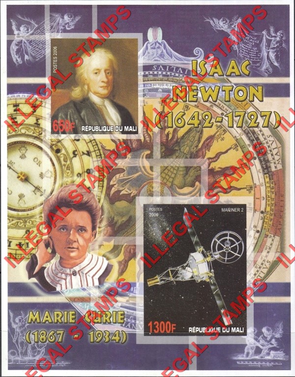 Mali 2006 Marie Curie and Isaac Newton Illegal Stamp Souvenir Sheet of 2