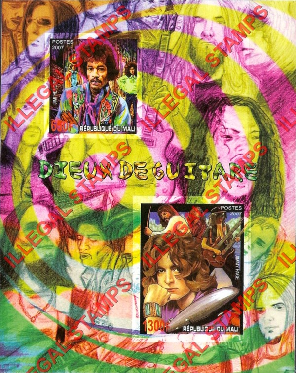 Mali 2007 Jimi Hendrix and Jimmy Page Rock Stars Illegal Stamp Souvenir Sheet of 2