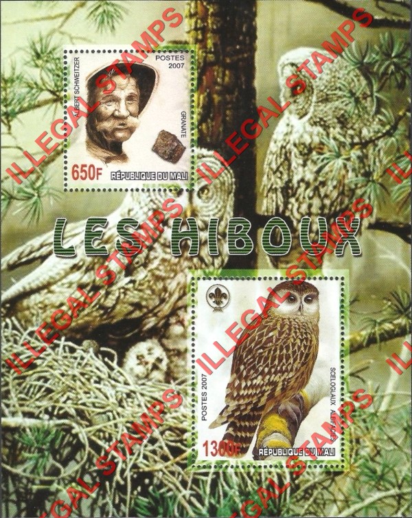 Mali 2007 Owls and Albert Schweitzer Illegal Stamp Souvenir Sheet of 2