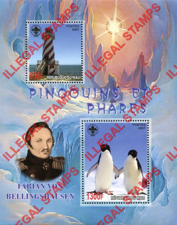 Mali 2007 Penguins and Lighthouses Illegal Stamp Souvenir Sheet of 2