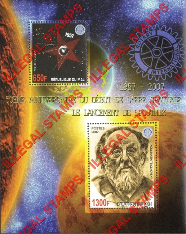 Mali 2007 Space Sputnik and Konstantin Tsiolkovsky Illegal Stamp Souvenir Sheet of 2
