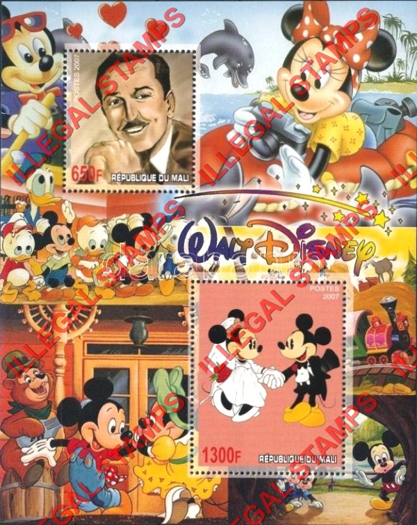 Mali 2007 Walt Disney and Mickey Mouse Illegal Stamp Souvenir Sheet of 2