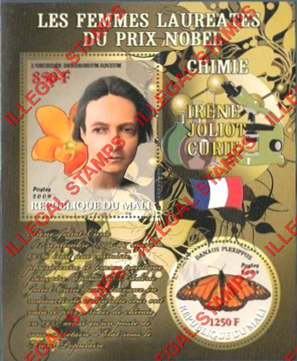 Mali 2009 Female Nobel Prize Winner for Chemistry Irene Joliot Curie and Butterfly Illegal Stamp Souvenir Sheet of 2
