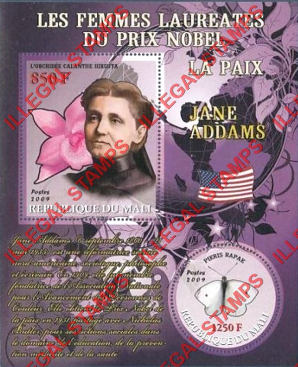 Mali 2009 Female Nobel Prize Winner for Peace Jane Addams and Butterfly Illegal Stamp Souvenir Sheet of 2