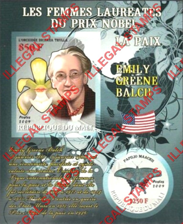 Mali 2009 Female Nobel Prize Winner for Peace Emily Greene Balch and Butterfly Illegal Stamp Souvenir Sheet of 2