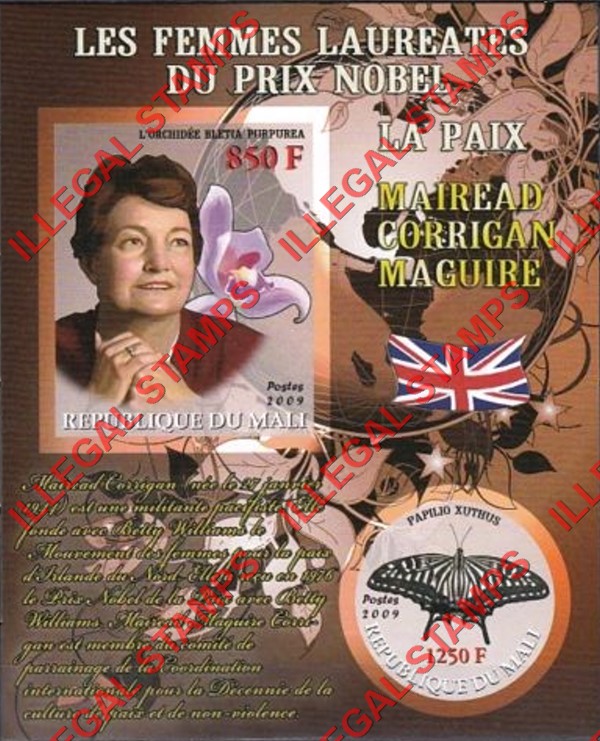 Mali 2009 Female Nobel Prize Winner for Peace Mairead Corrigan Maguire and Butterfly Illegal Stamp Souvenir Sheet of 2