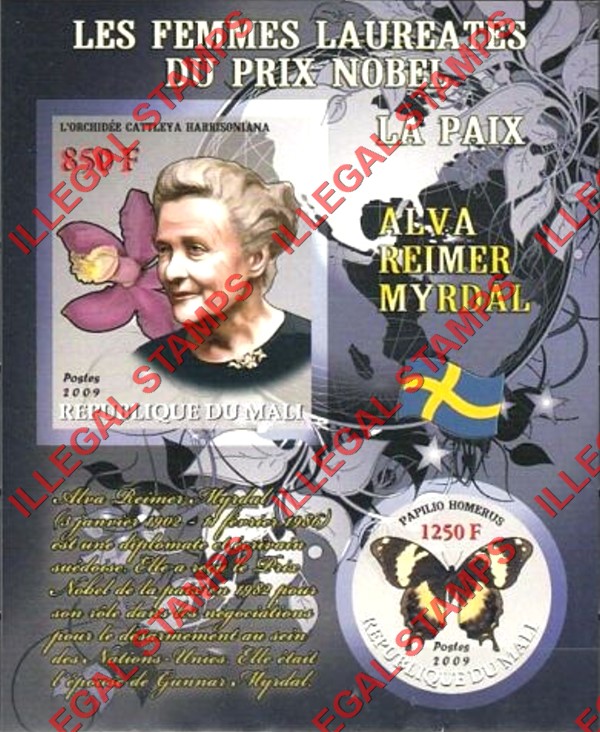 Mali 2009 Female Nobel Prize Winner for Peace Alva Reimer Myrdal and Butterfly Illegal Stamp Souvenir Sheet of 2